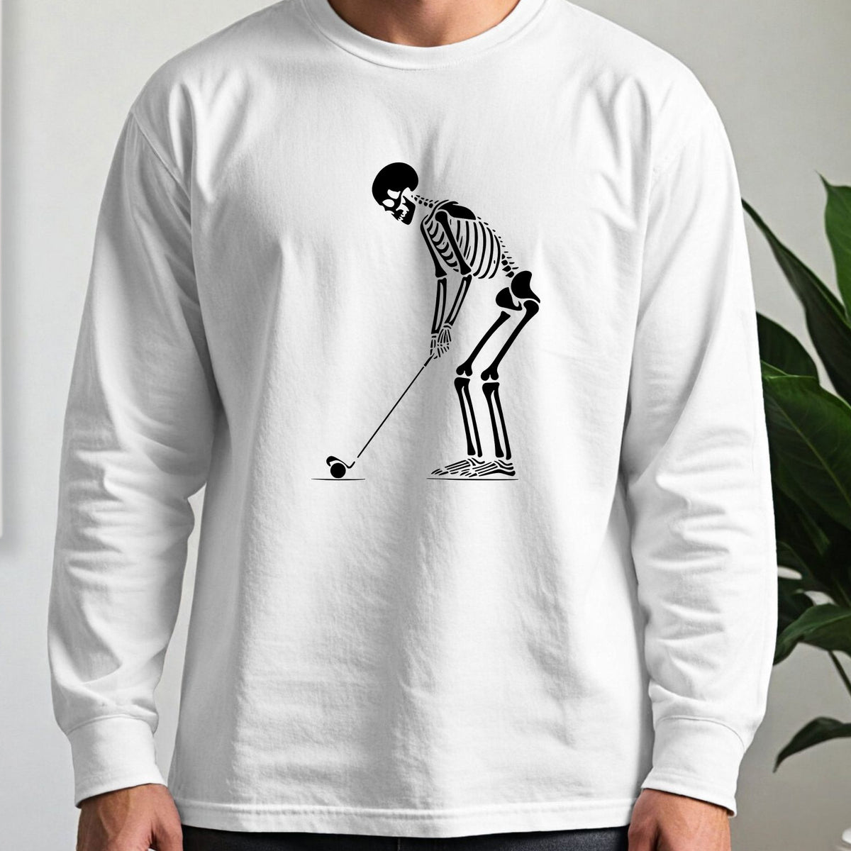 Skeleton Golfer Long Sleeve Tee worn, White
