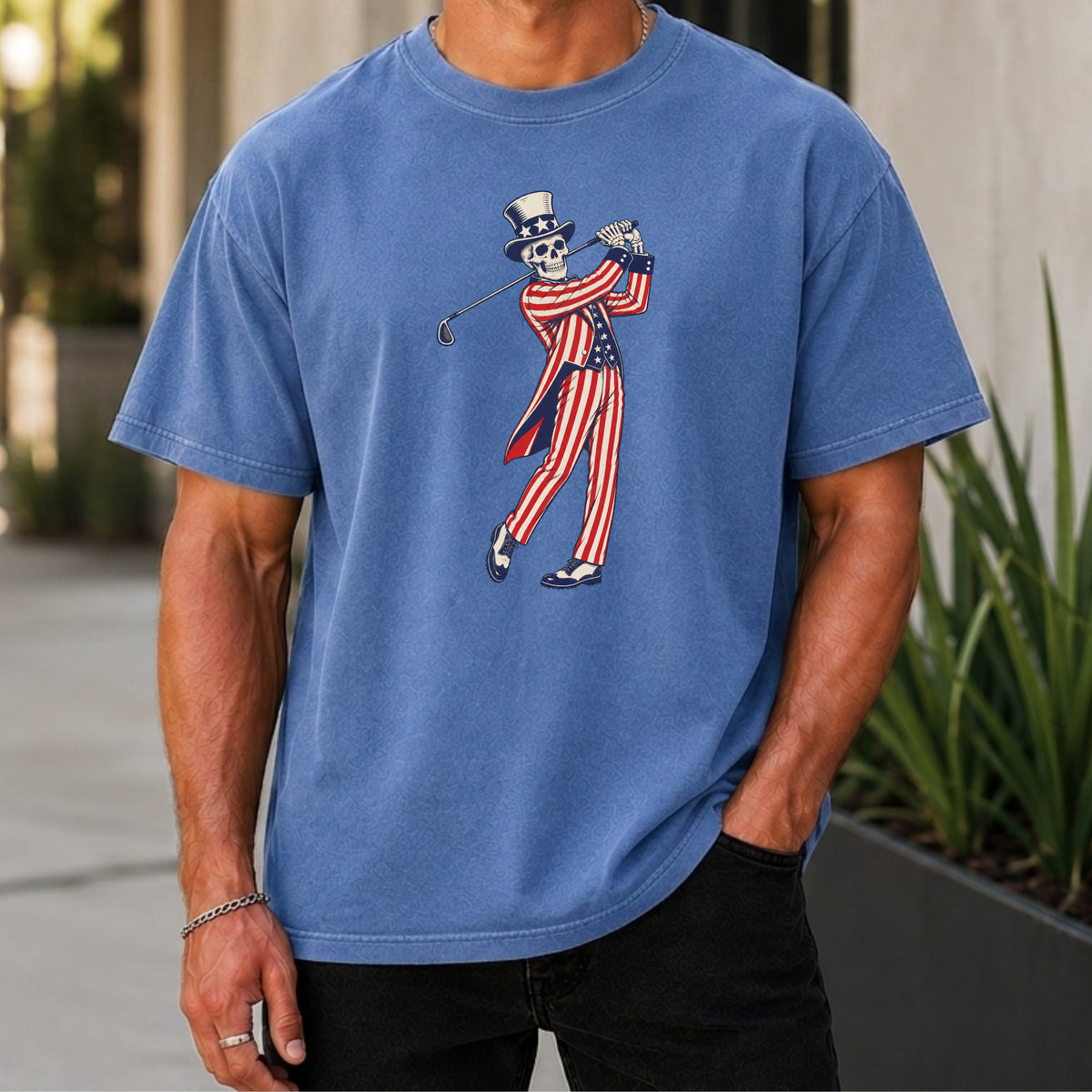 Yankee Doodle Swing Premium Tee worn, Mystic Blue