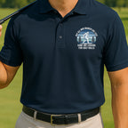 Not All Who Wandrer Yeti Performance Polo worn on the golf course, Navy