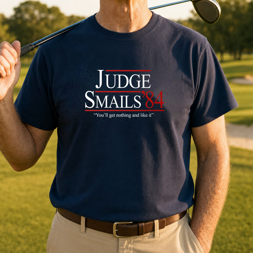 Judge Smails '84 Tee worn on the golf course, Navy