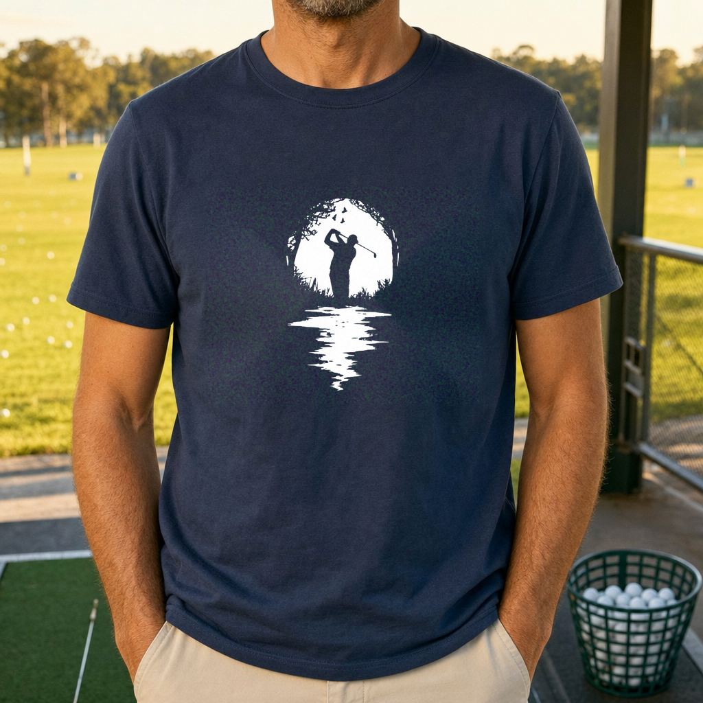 Golfer Silhouette Tee worn on the golf course, Navy