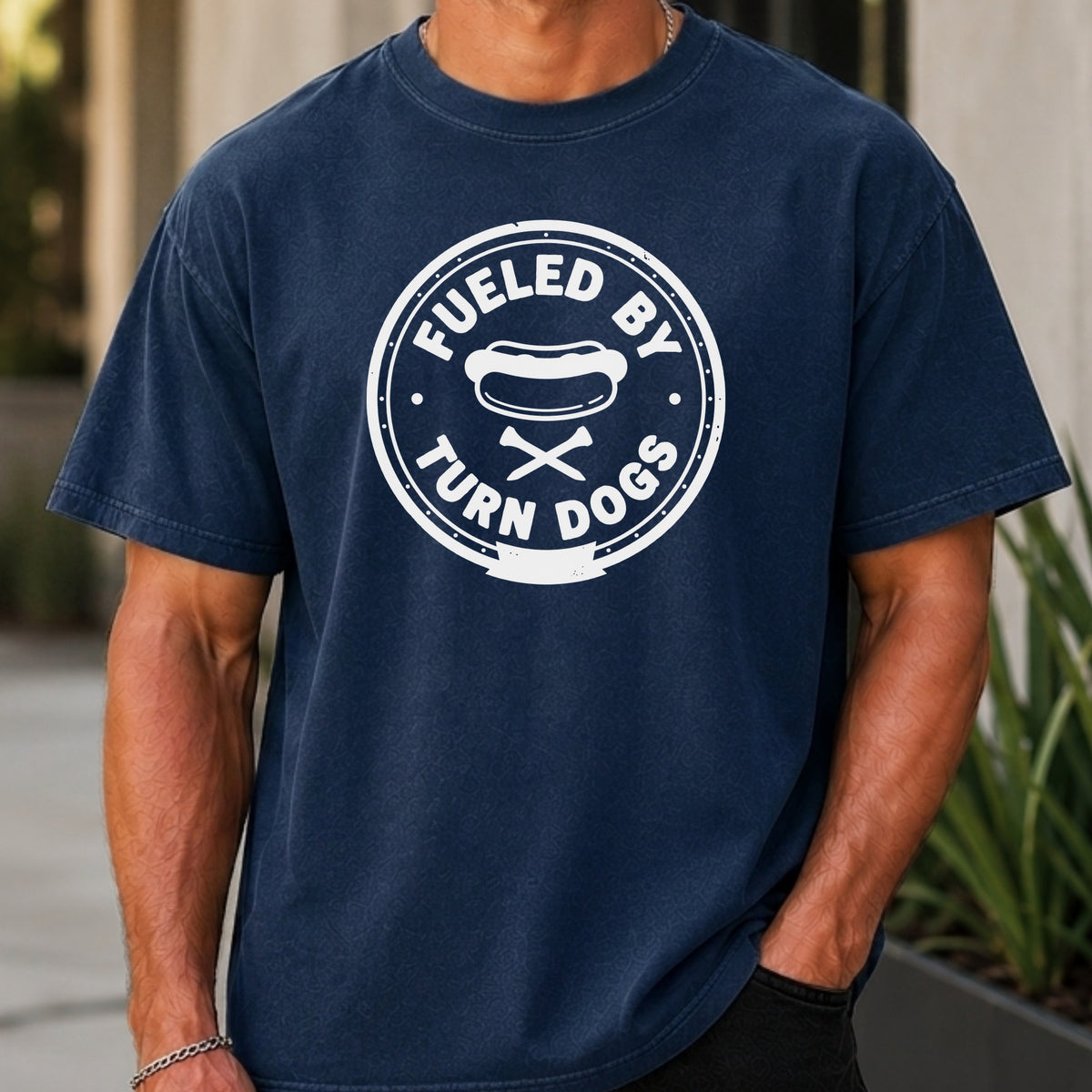 Fueled By Turn Dogs Premium Tee worn, True Navy