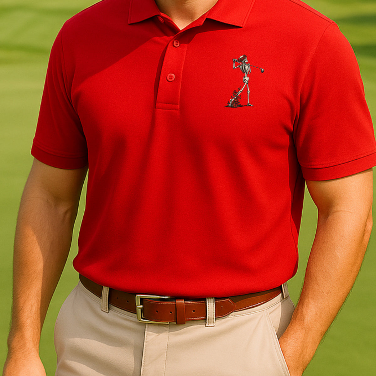 Rose Skeleton Follow Through Performance Polo worn on the golf course, Red