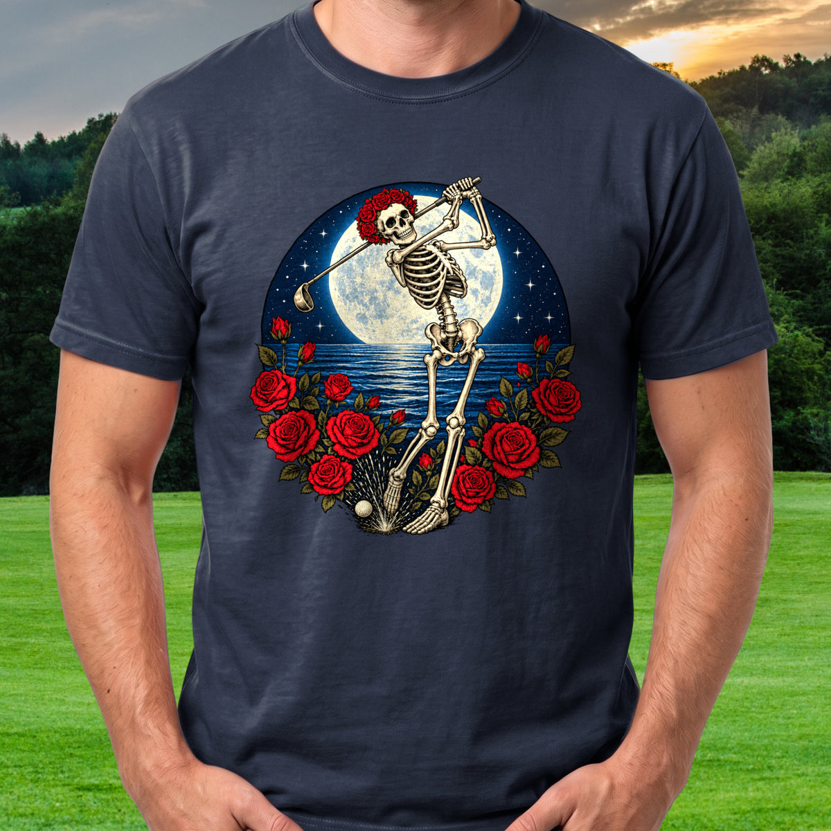 Skeleton Swing Moonrise Tee worn on the golf course, Navy