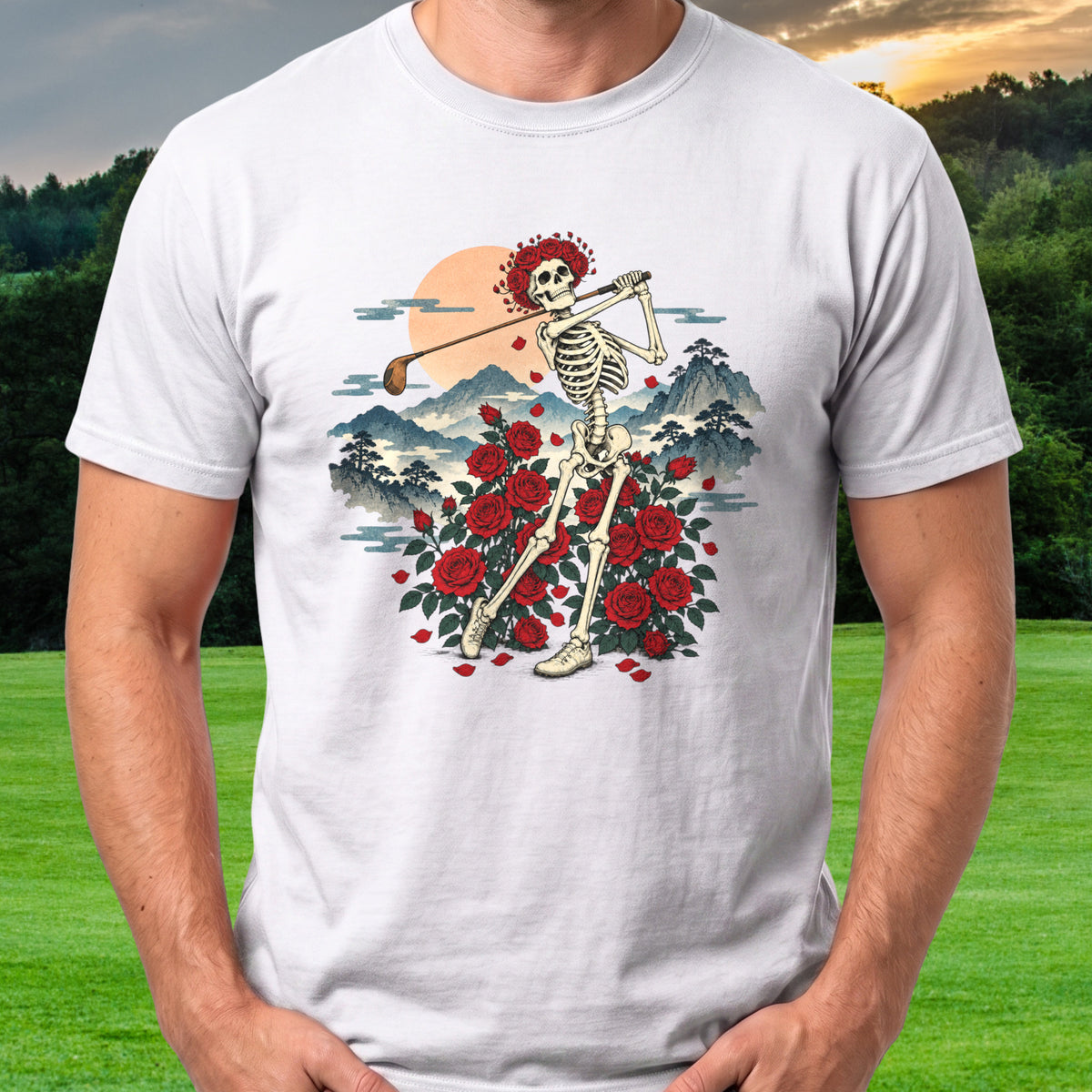Swing Eternal Woodblock Tee worn on the golf course, White