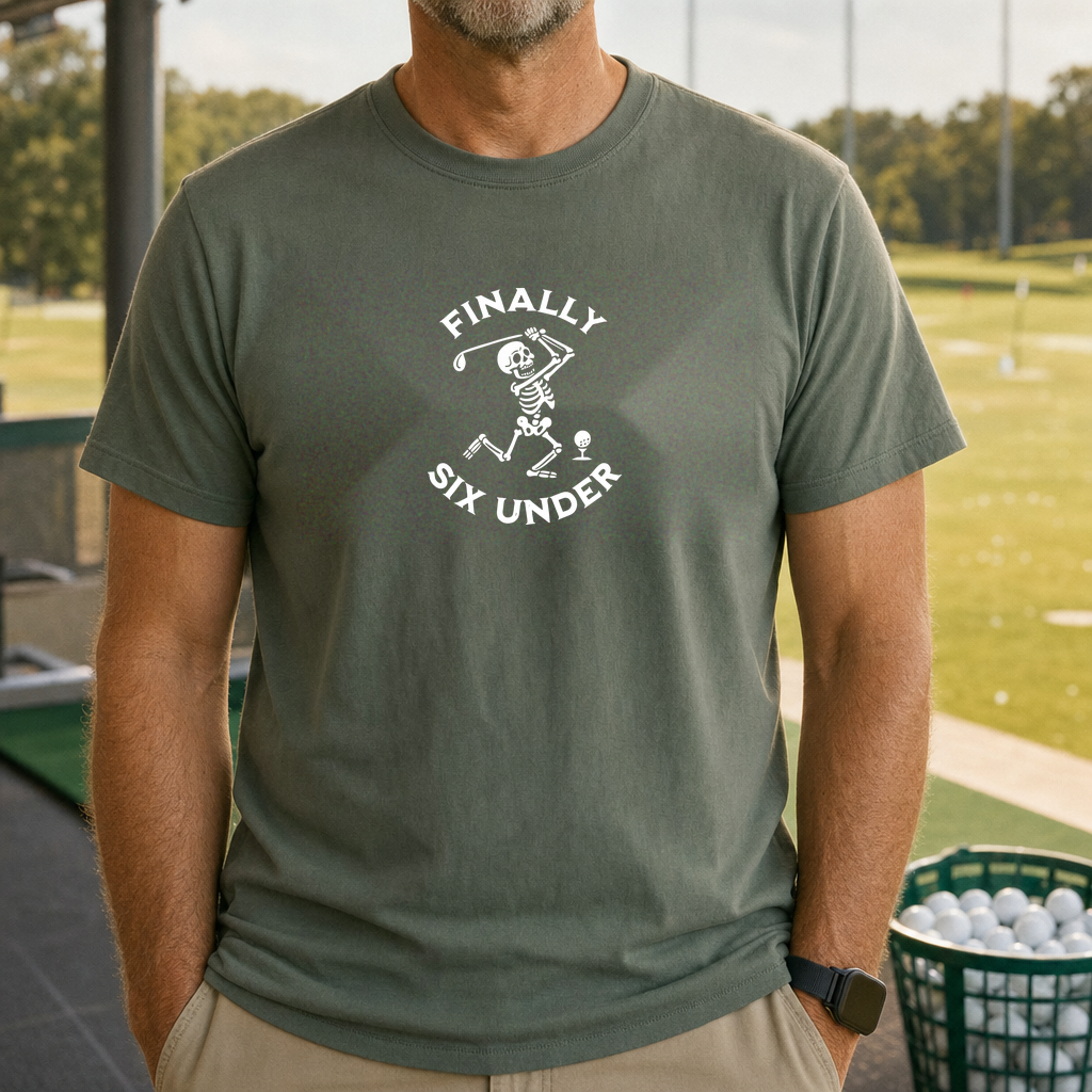 Finally 6 Under Tee worn on the golf course, Military Green