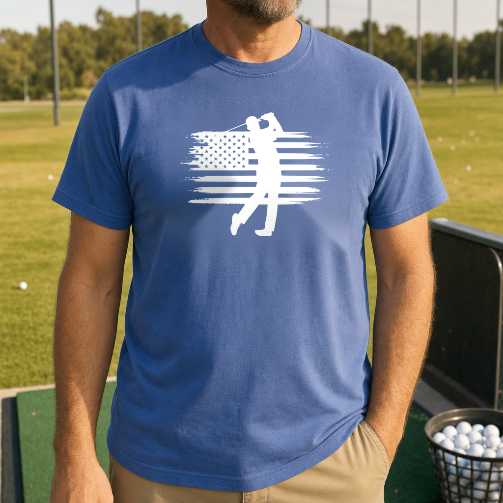 USA Flag Golfer Heavyweight Tee worn on the golf course, Mystic Blue