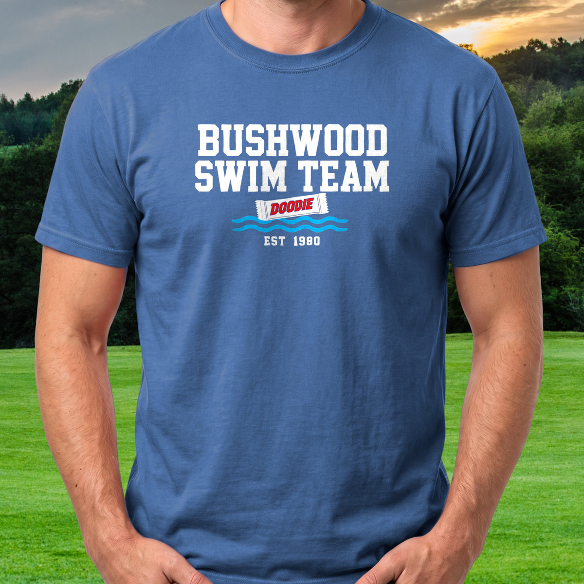 Bushwood Swim Team Tee worn on the golf course, Royal