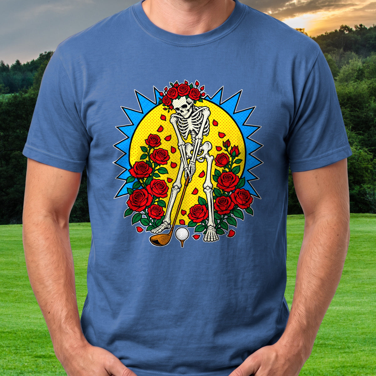 Eternal Drive Pop Art Tee worn on the golf course, Royal