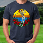 Skeleton Swing Sunset Pop Art Tee worn on the golf course, Navy