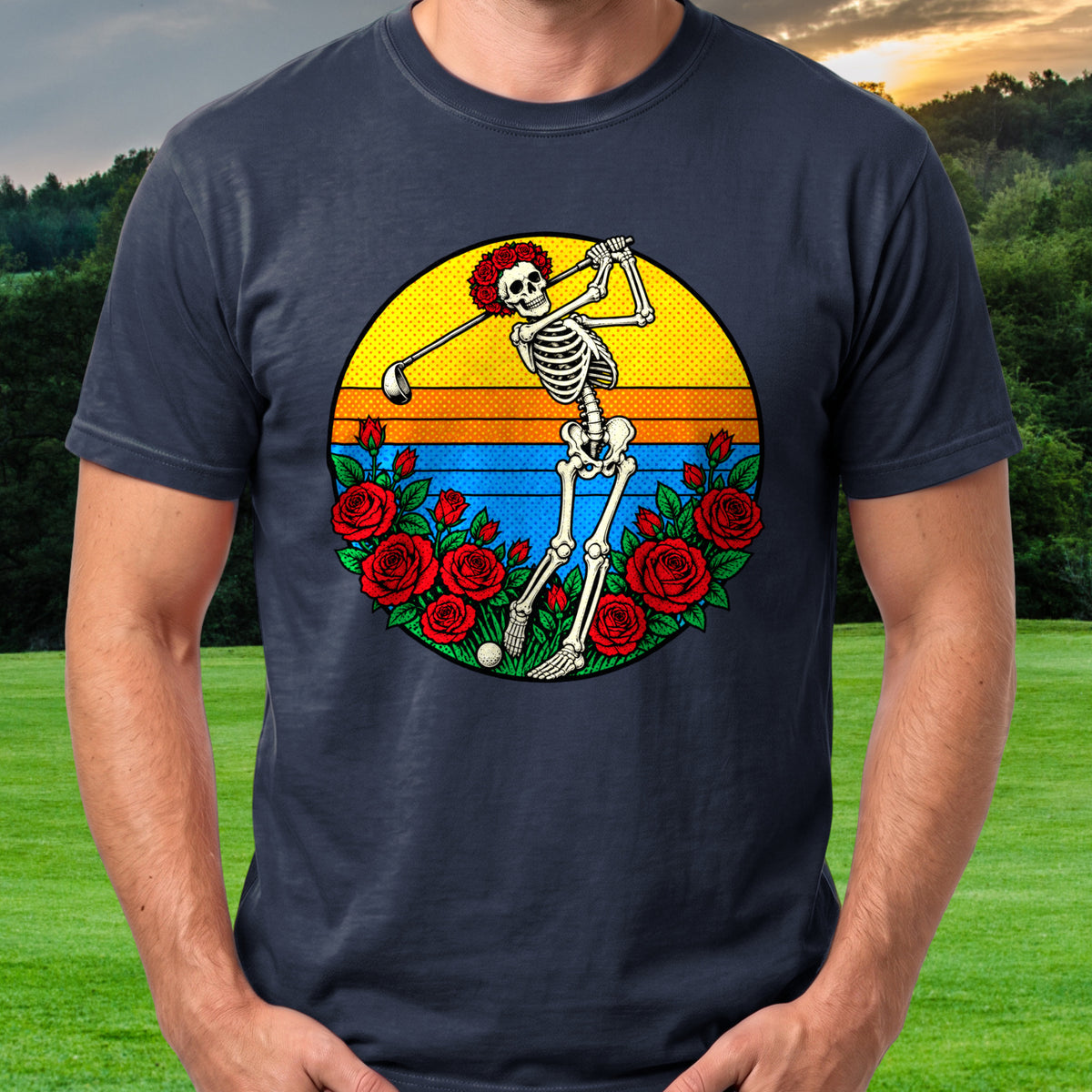 Skeleton Swing Sunset Pop Art Tee worn on the golf course, Navy