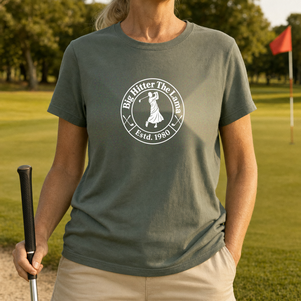 Big Hitter Badge Tee worn on the golf course, Military Green