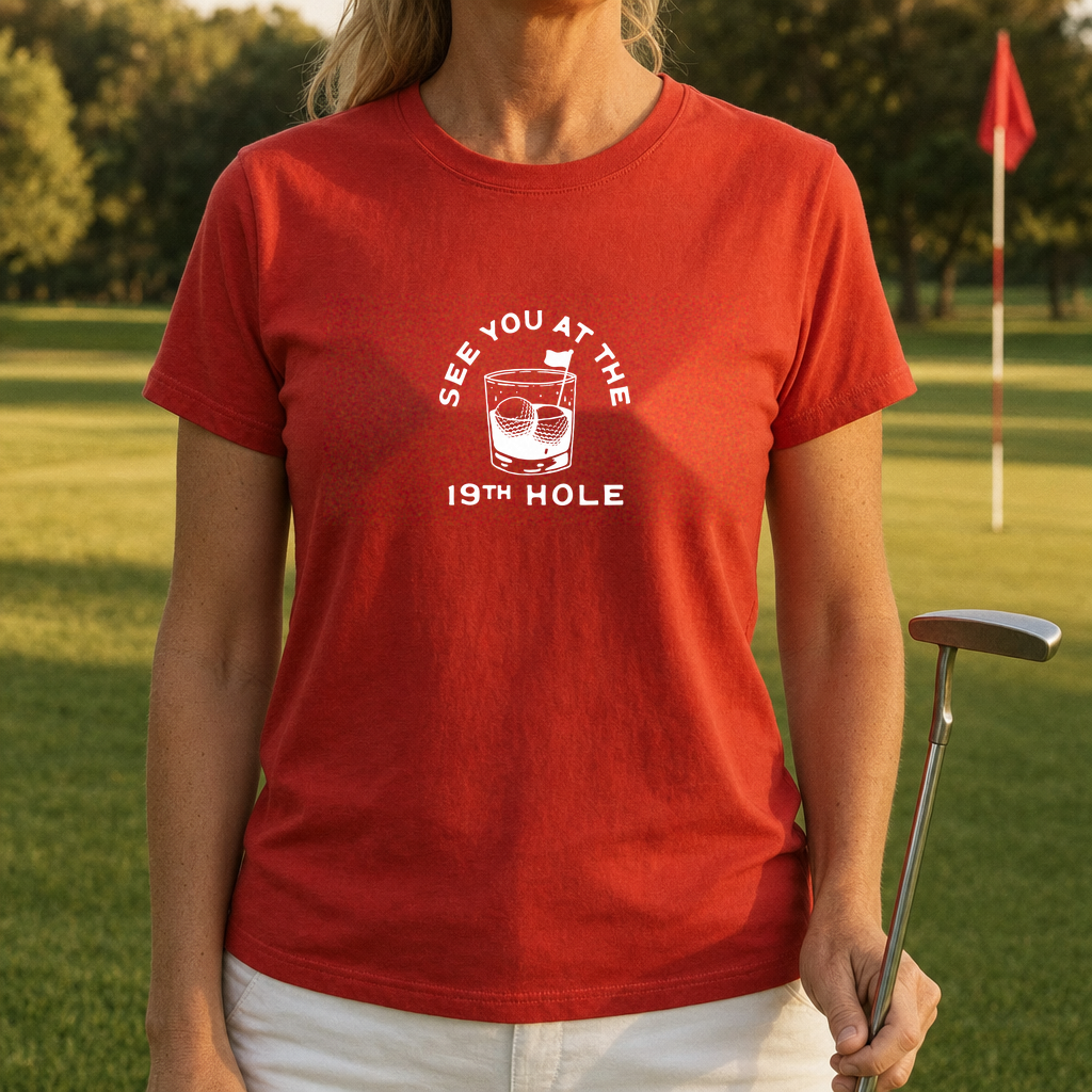 See You At The 19th Hole Tee worn on the golf course, Red