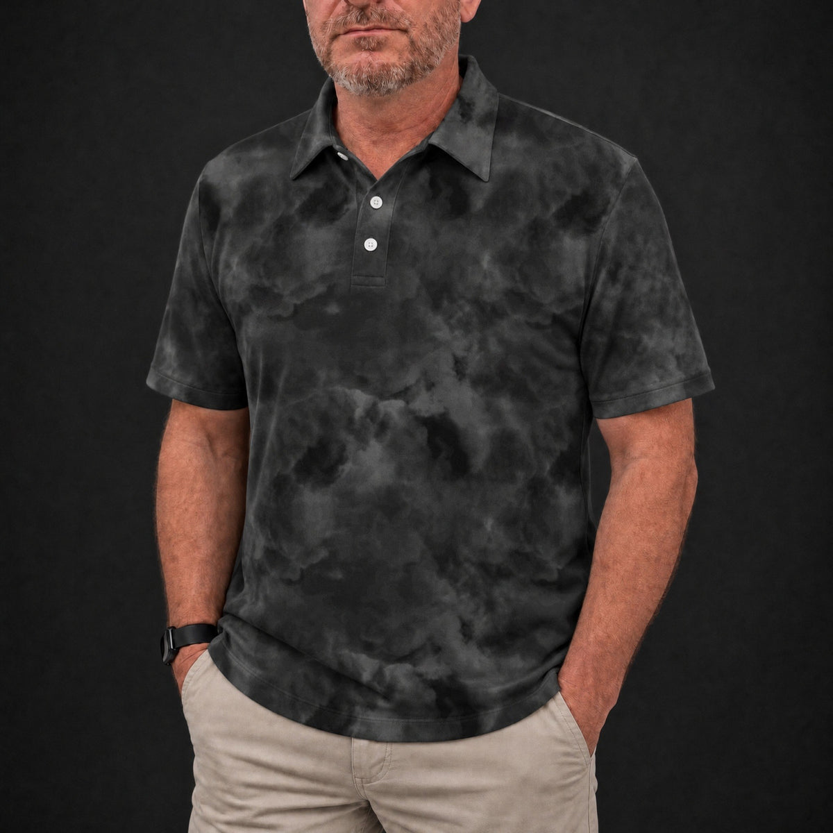 Black Smoke Performance Print Polo worn, front view
