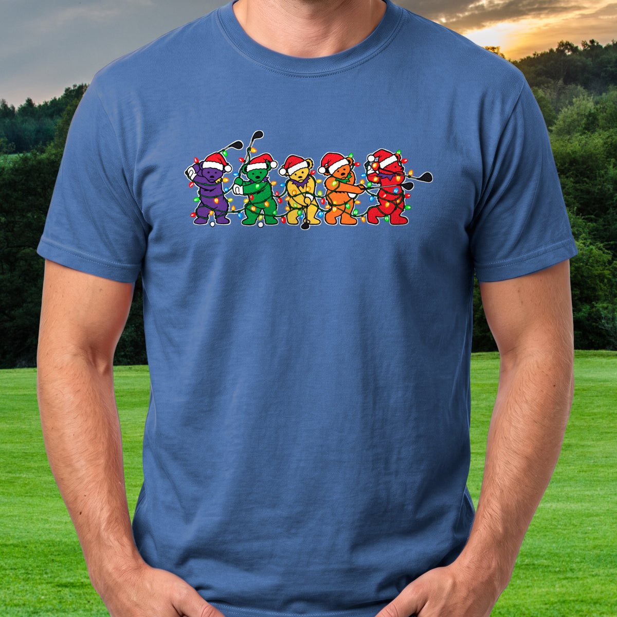 Golf Swing Bears Christmas Lights Tee worn on the golf course, Royal