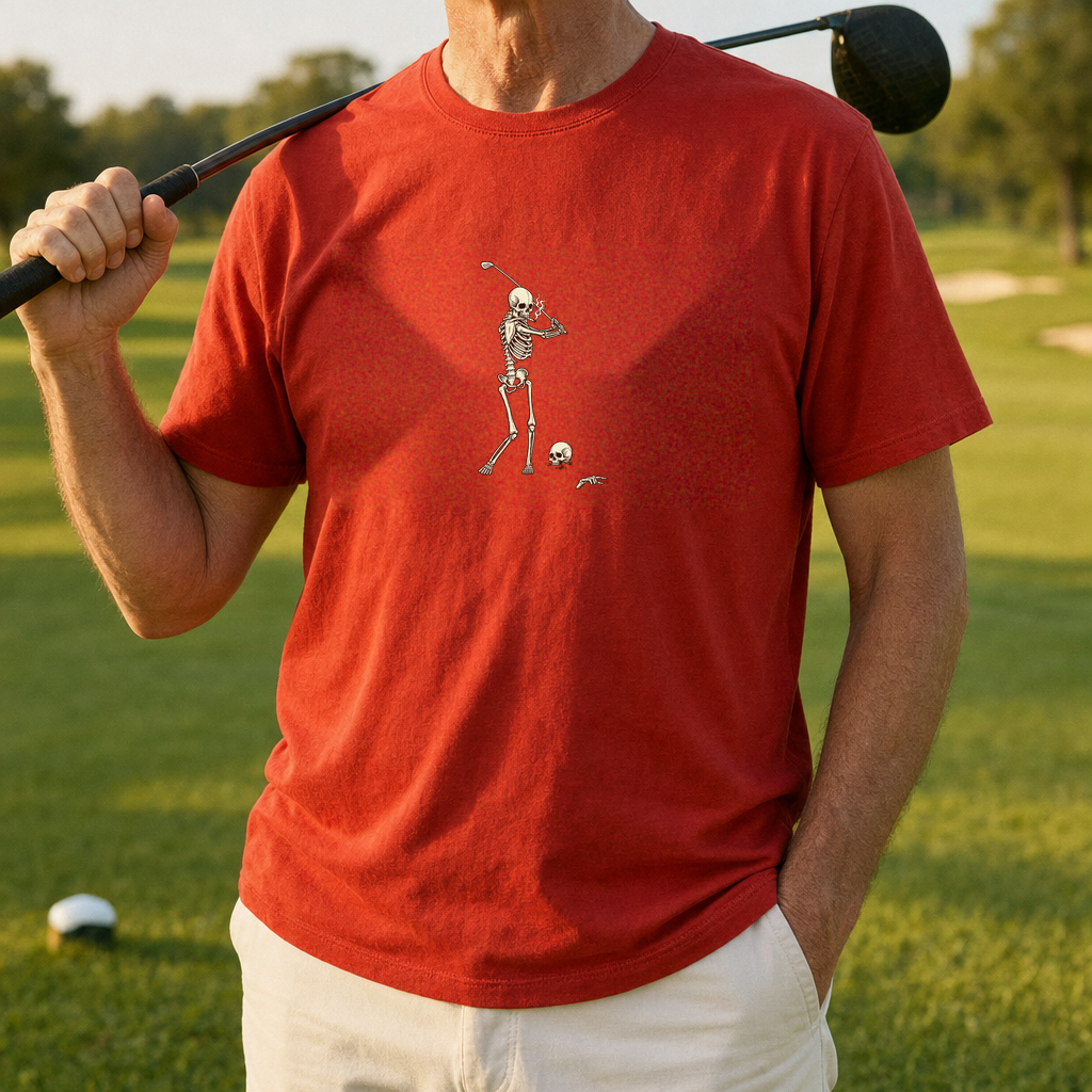 One Last Round Tee worn on the golf course, Red