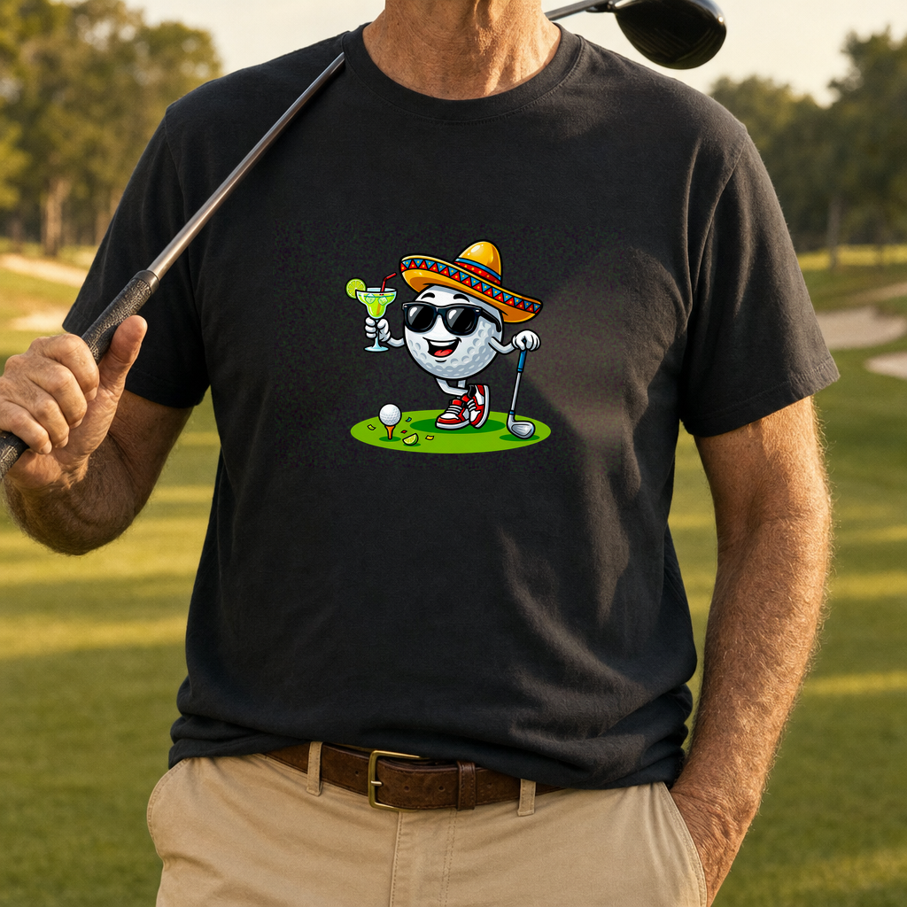 Cinco De Mayo Ball Tee worn on the golf course, Black