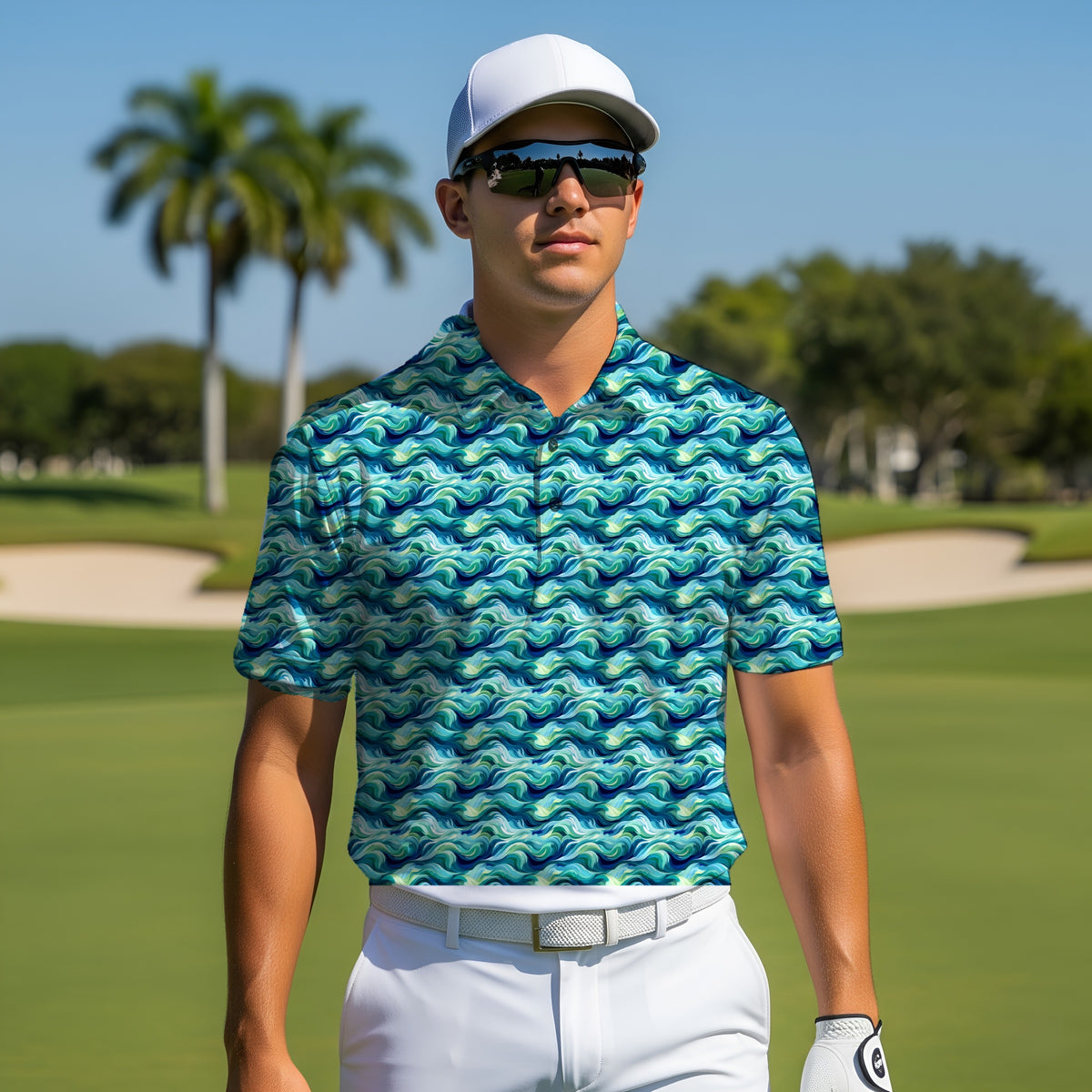 Ocean Swirl Performance Print Polo worn on the golf course