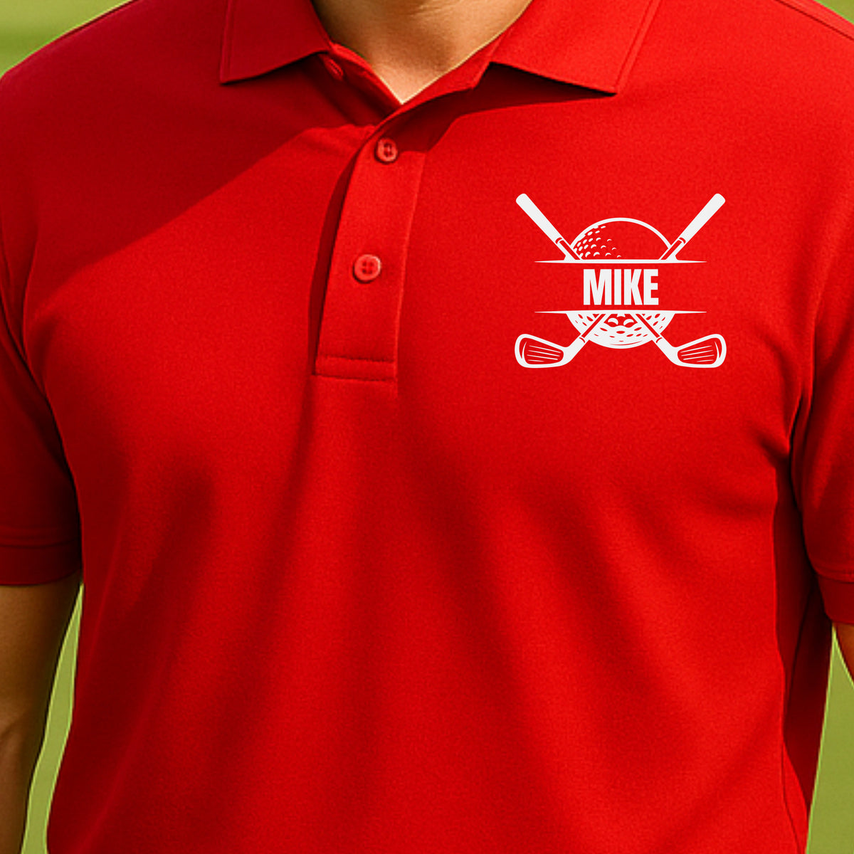 Personalized Crest Performance Polo worn on the golf course, Red