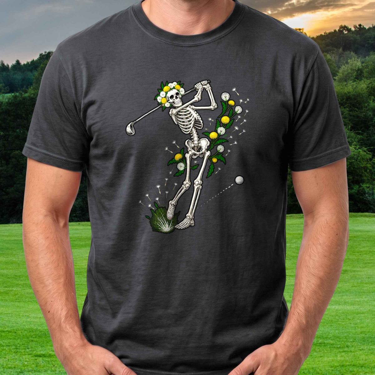 Dandelion Skeleton Swing Tee worn on the golf course, Black