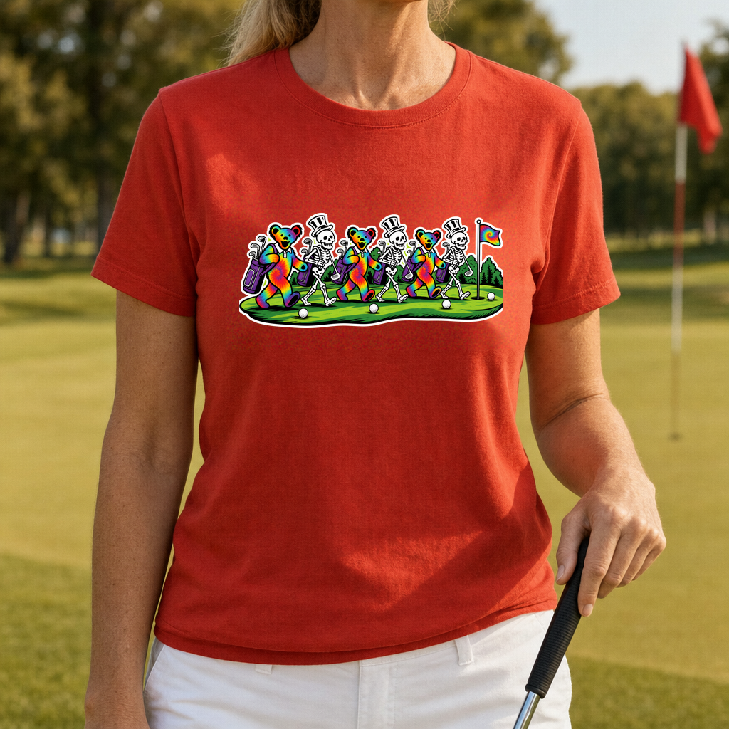 Fairway Parade Tee worn on the golf course, Red