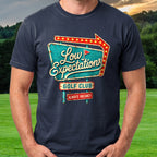 Low Expectations Motel Sign Tee worn on the golf course, Navy