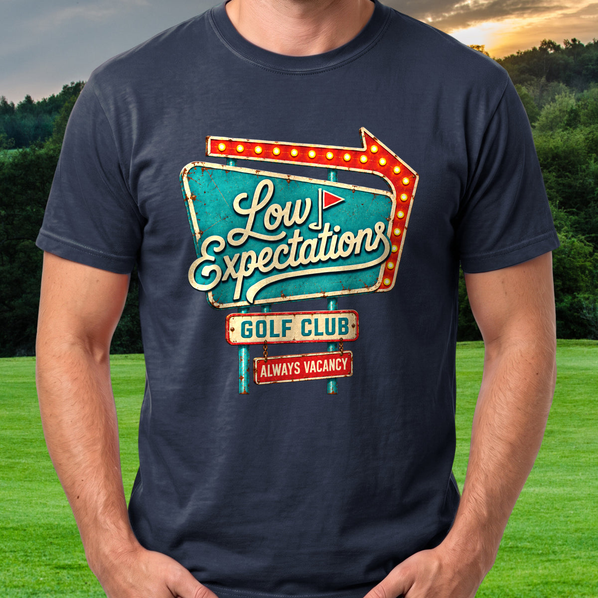 Low Expectations Motel Sign Tee worn on the golf course, Navy