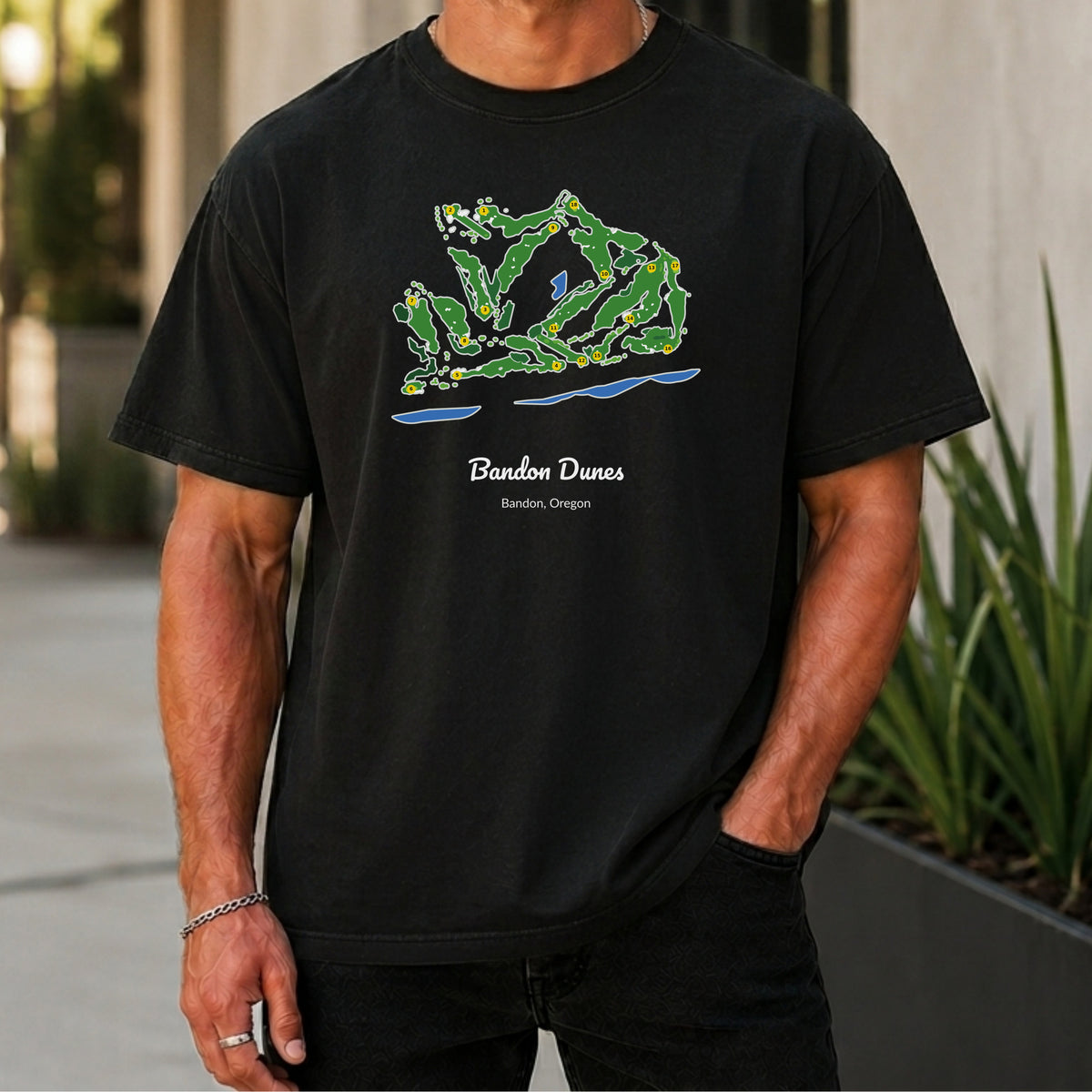 Bandon Dunes Course Map Premium Tee worn, Black