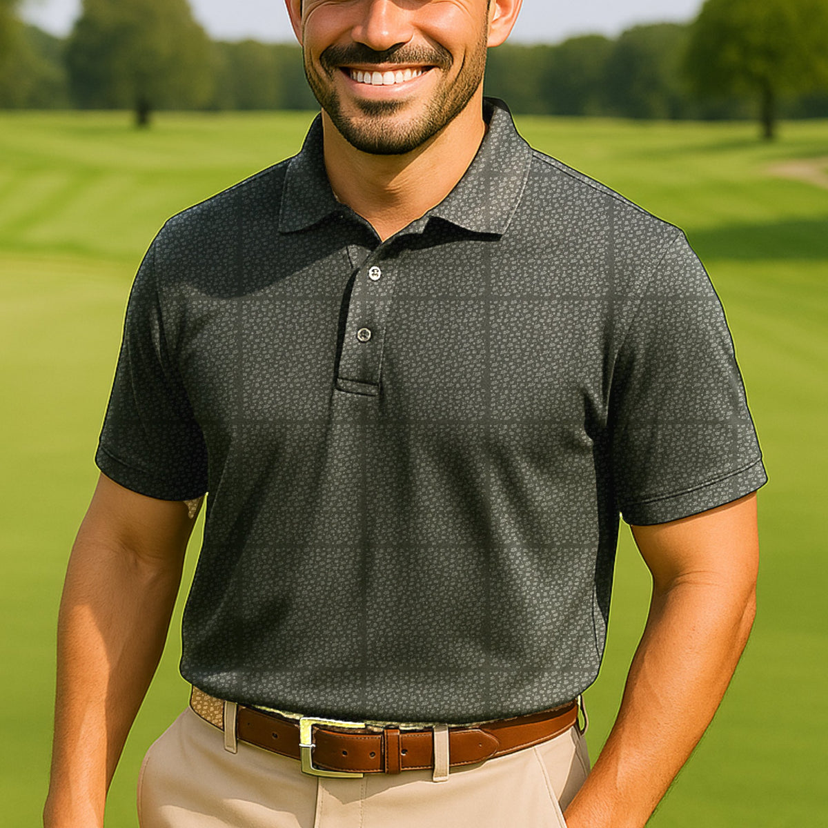 The Excuses Performance Print Polo worn on the golf course