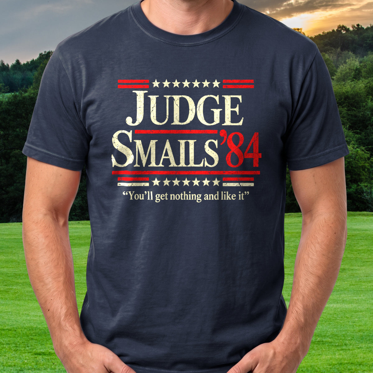 Judge Smails '84 Americana Tee worn on the golf course, Navy