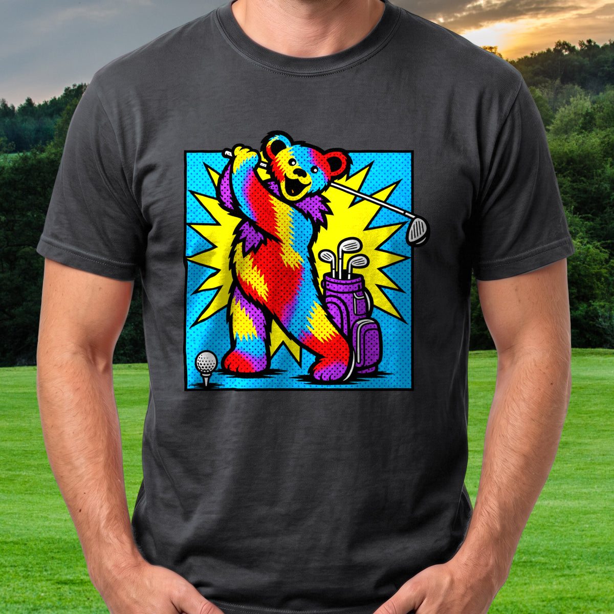 Long Strange Drive Pop Art Tee worn on the golf course, Black