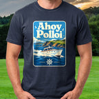 Ahoy Polloi Travel Poster Tee worn on the golf course, Navy