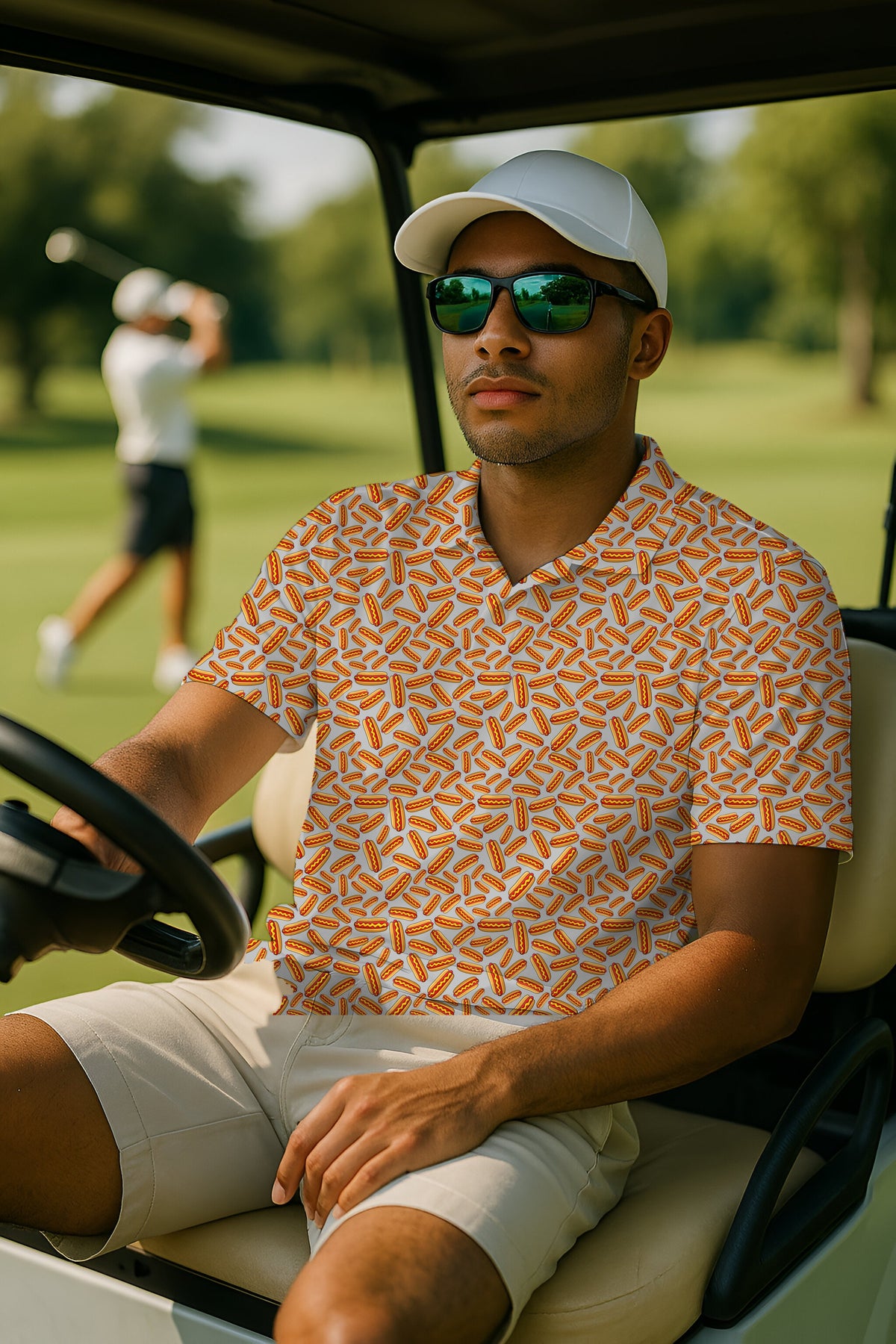 Hot Dogs Performance Print Polo worn on the golf course