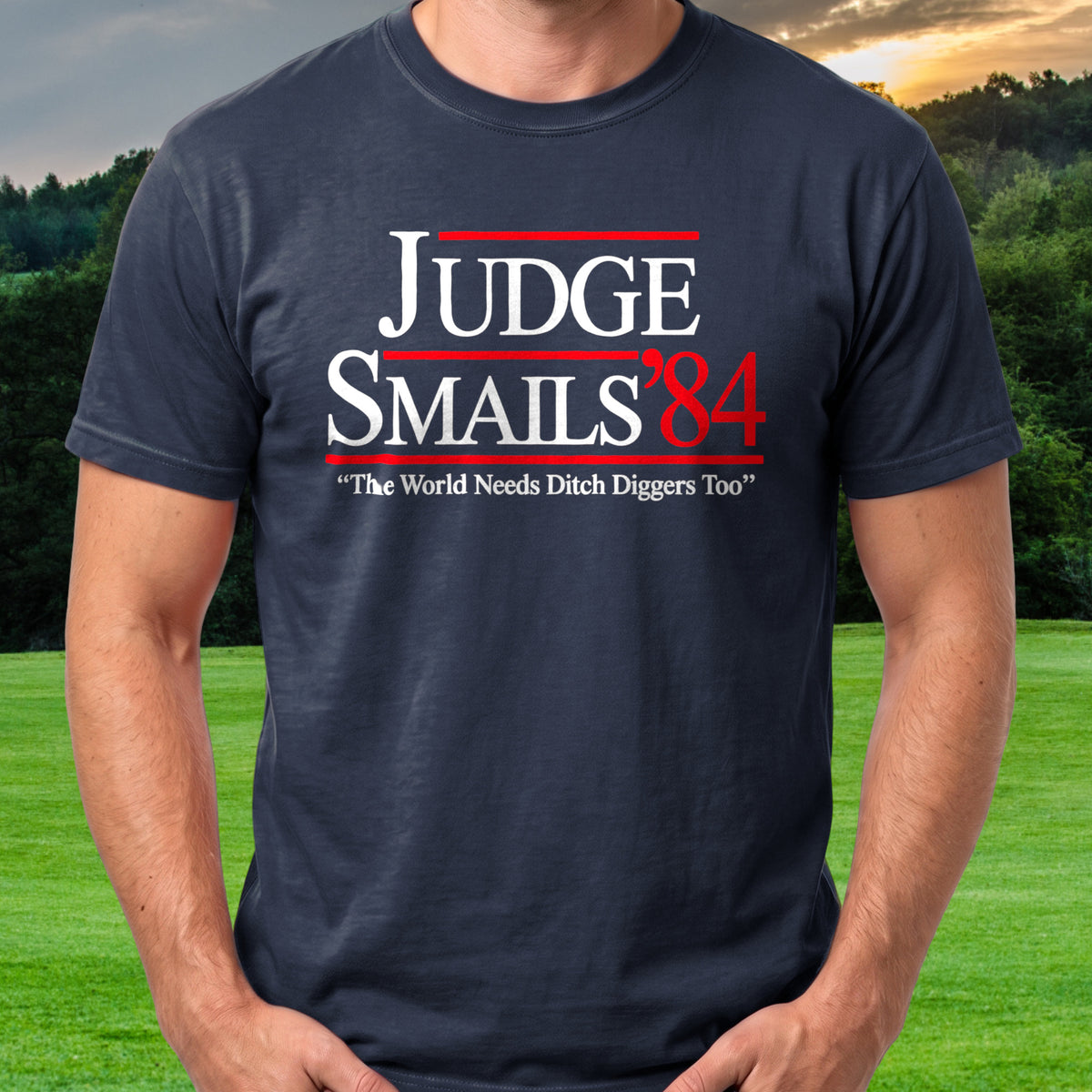 Judge Smails Ditch Diggers Tee worn on the golf course, Navy