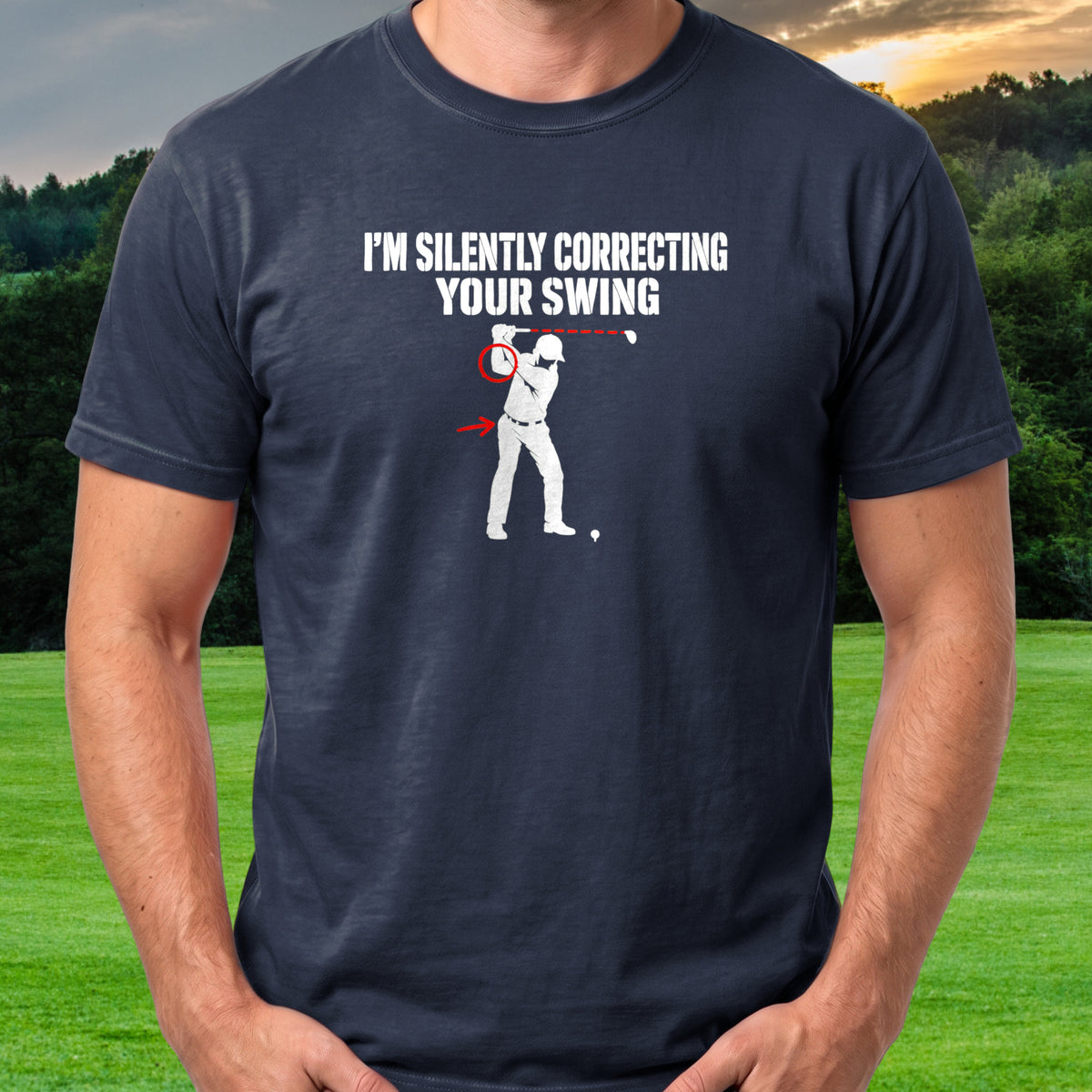 I'm Silently Correcting Your Swing Tee worn on the golf course, Navy