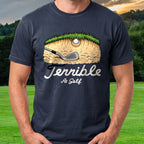 Terrible At Golf Plugged Lie Tee worn on the golf course, Navy