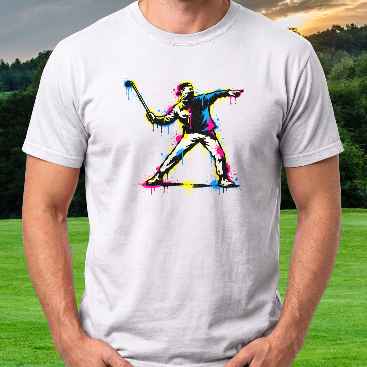 Club Thrower Graffiti Tee worn on the golf course, White