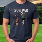Sub Par Skeleton Tee worn on the golf course, Navy