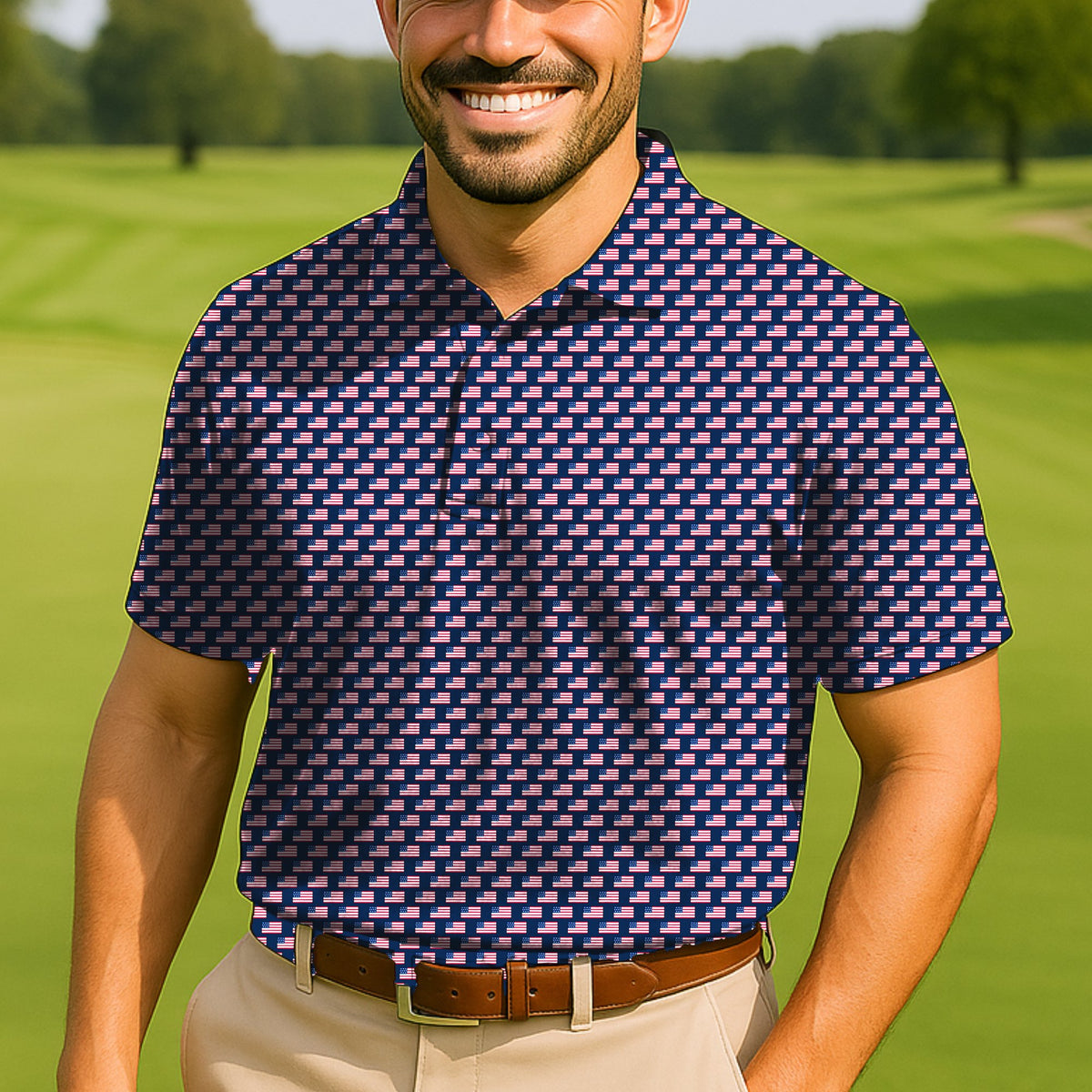 Old Glory Performance Print Polo worn on the golf course