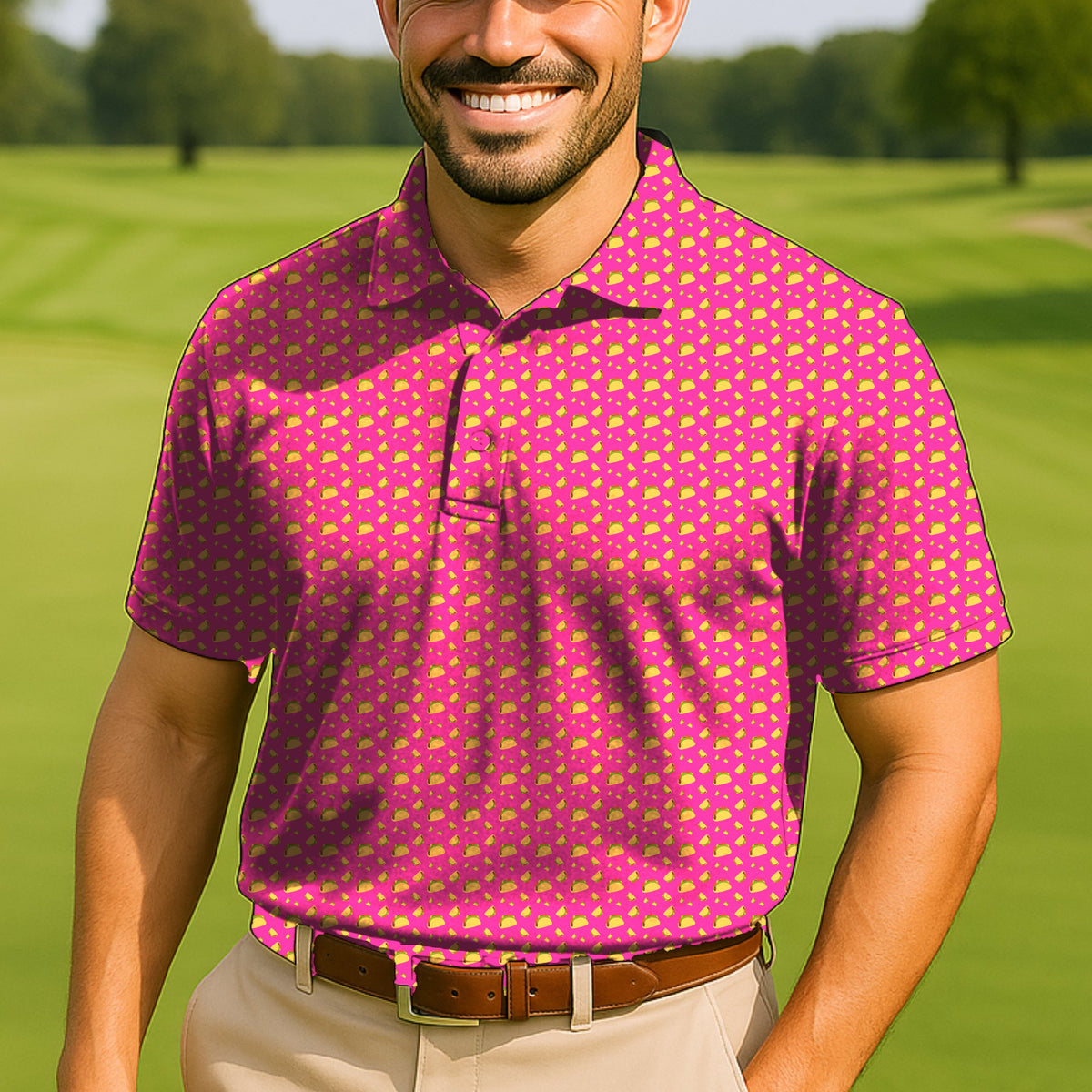 Tacos Performance Print Polo worn on the golf course