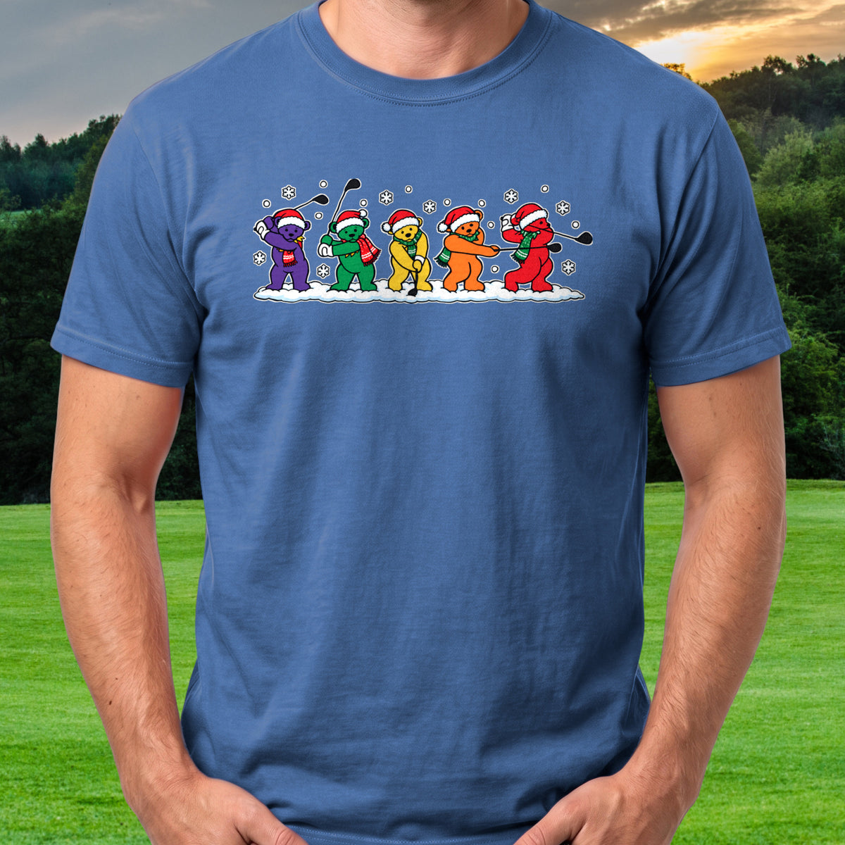 Golf Swing Bears Christmas Tee worn on the golf course, Royal