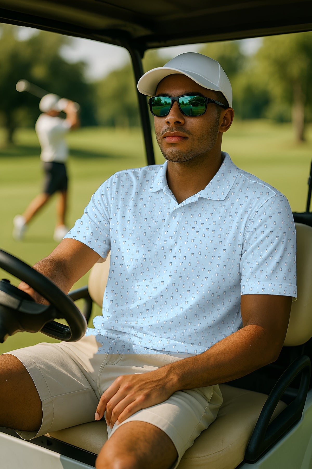 Snowman Season Performance Print Polo worn on the golf course