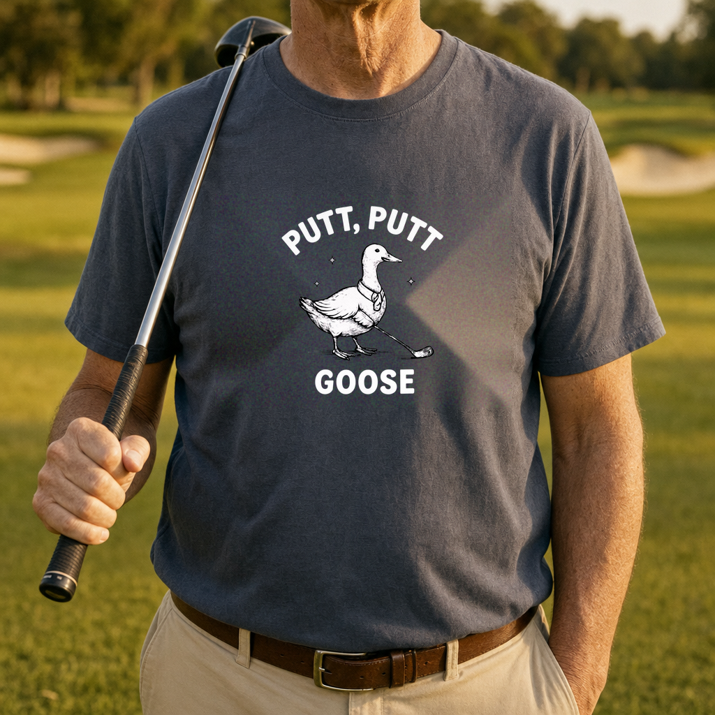 Putt Putt Goose Tee worn on the golf course, Dark Heather