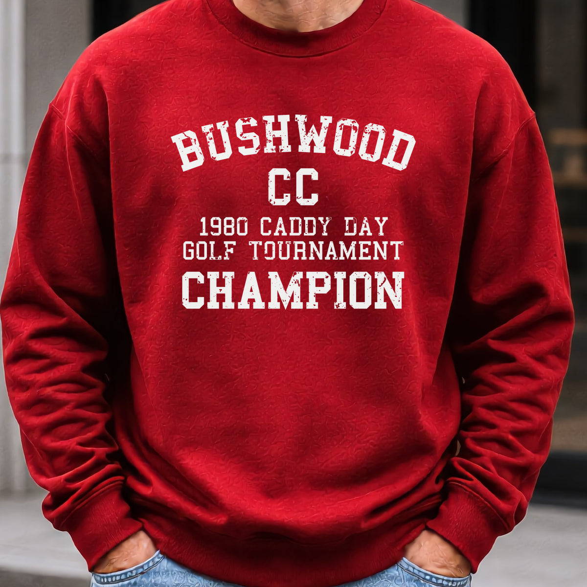 Bushwood Caddy Day Sweatshirt worn, Red