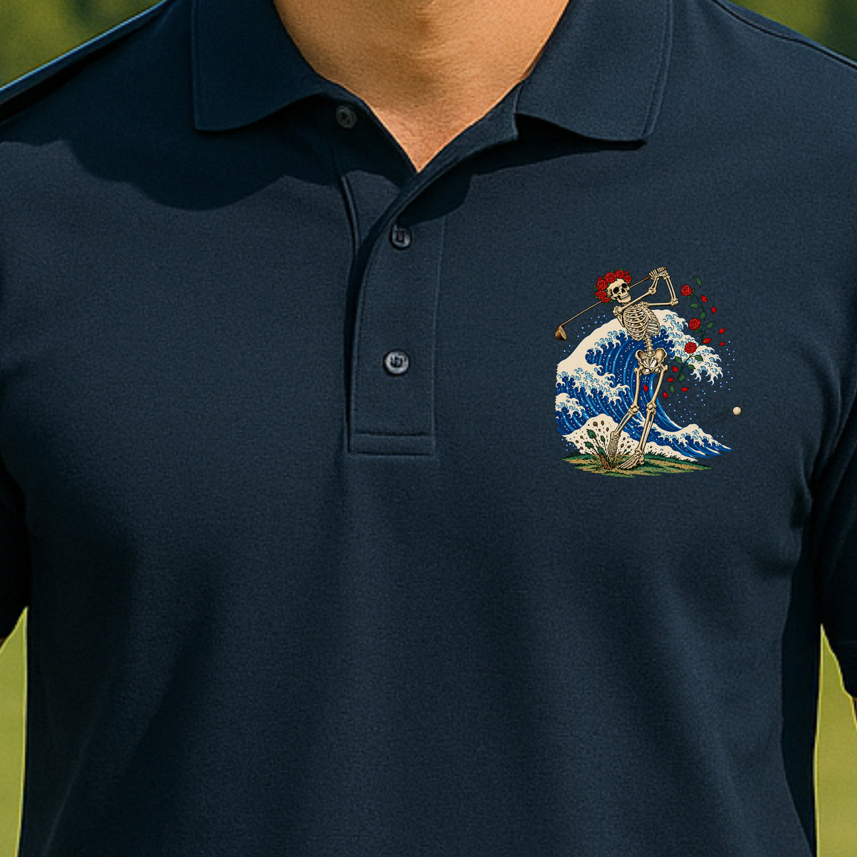 Rose Skeleton Great Wave Performance Polo worn on the golf course, Navy