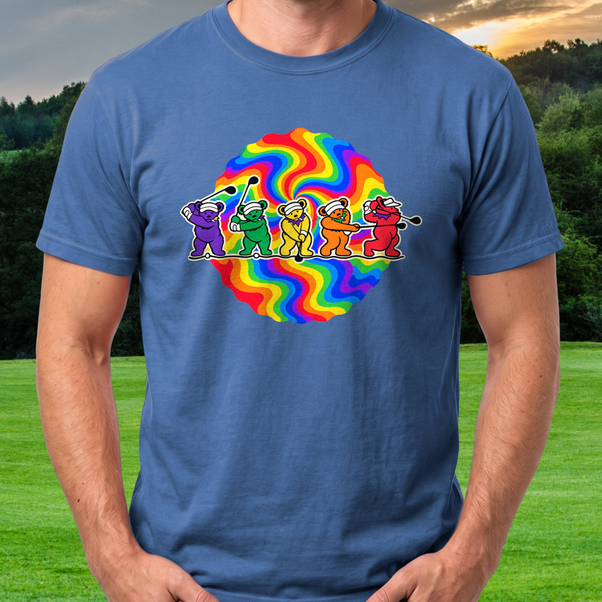 Golf Swing Bears Tie Dye Tee worn on the golf course, Royal