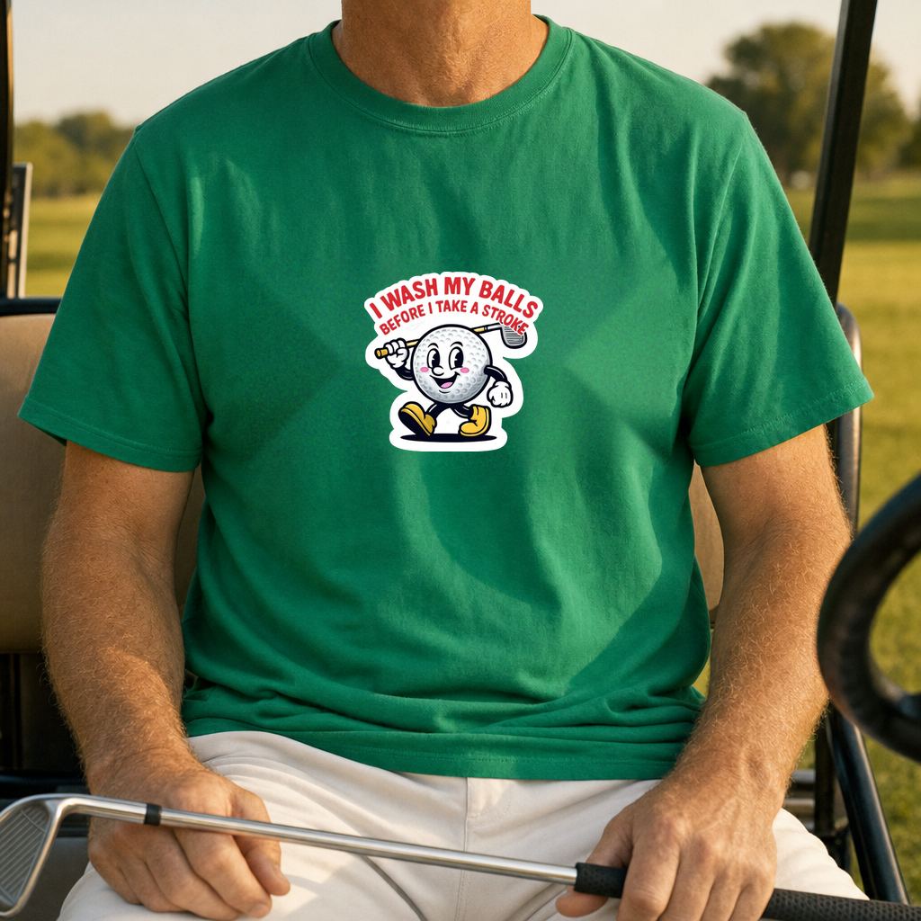 I Wash My Balls Tee worn on the golf course, Irish Green