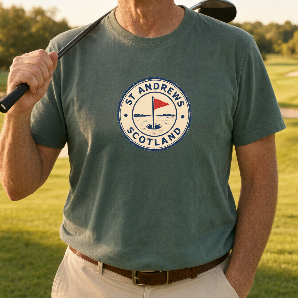 St Andrews, Passport Stamp Tee worn on the golf course, Military Green