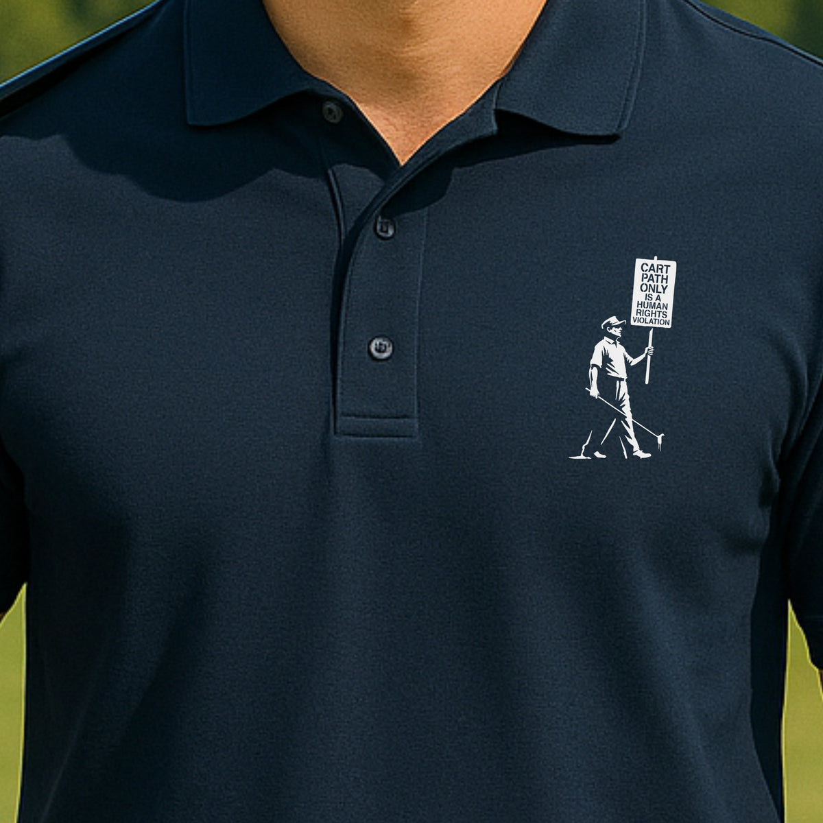 Human Rights Violation Performance Polo worn on the golf course, Navy