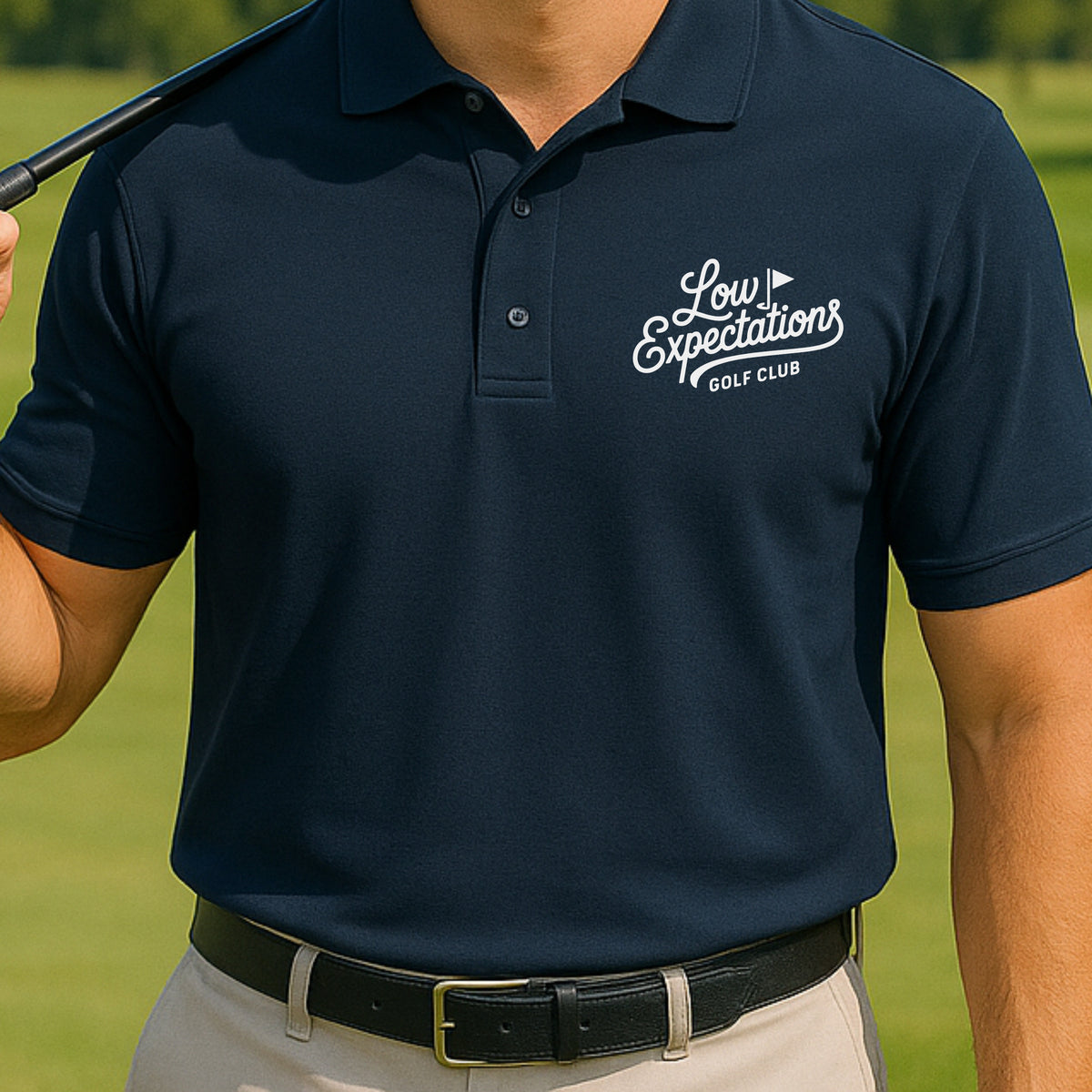 Low Expectations Club Polo worn on the golf course, Navy